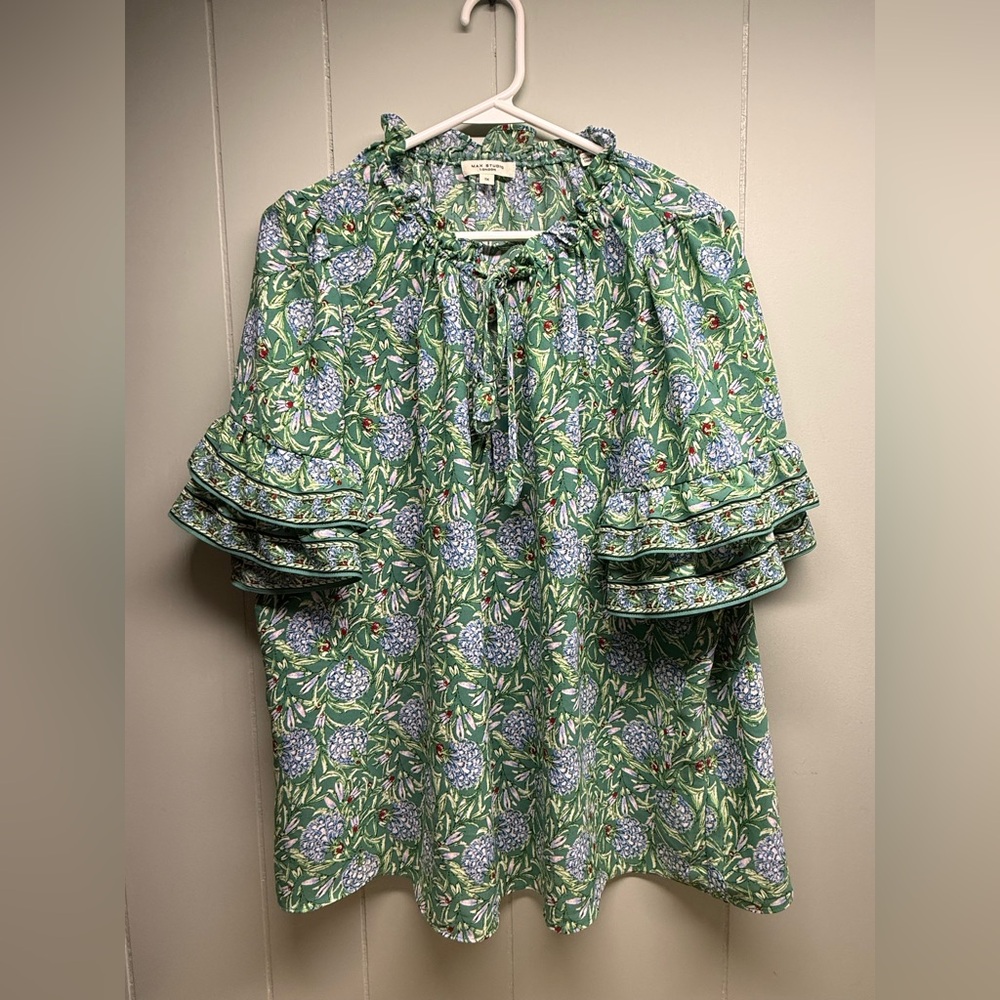 Max Studio Green Floral Ruffle-Sleeve Tie-Neck Blouse